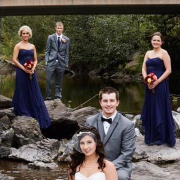 David's Bridal - Navy Blue Chiffon Bridesmaid Dress, Size 2 - Picture 3 of 14